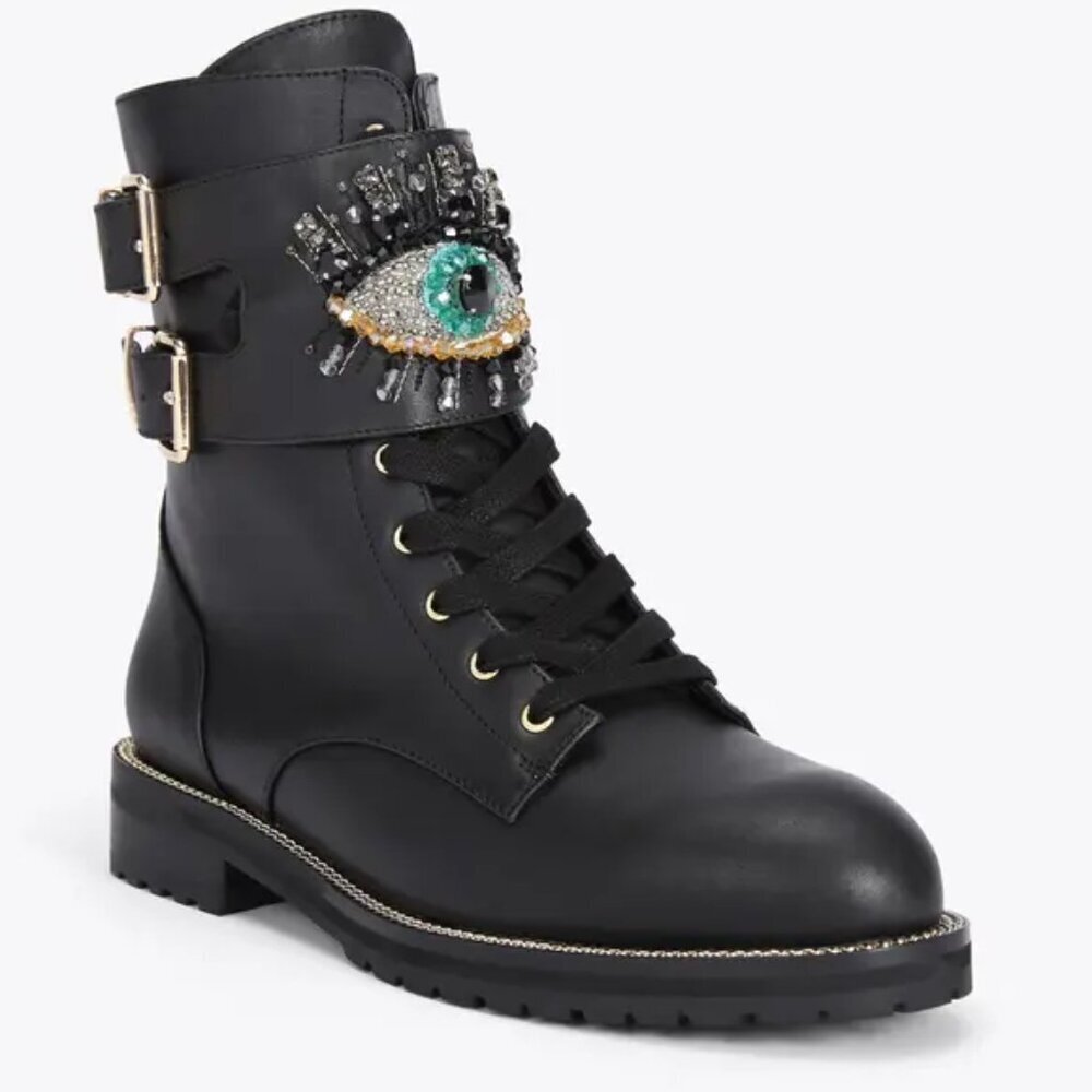 Kurt Geiger Black Leather Sutton Rhinestone Embellished Eye Combat Boot  Size 6